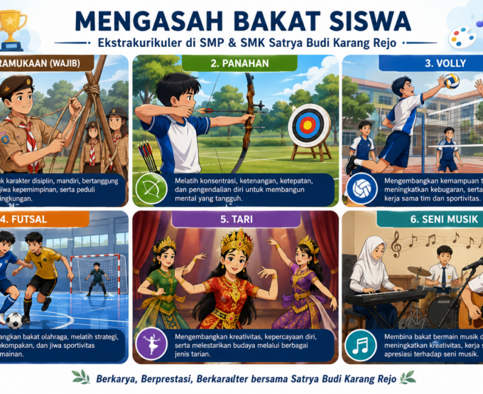 Mengasah Bakat Siswa : Ekstrakulikuler KePramukaan (Wajib), Panahan, Volly, Futsal, Tari, Seni Musik untuk Siswa Sekolah.